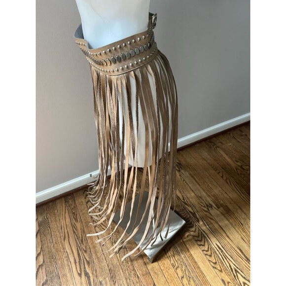 STREETS AHEAD Fringe Studded Long Leather Belt Festival Beige Silver Size Small - Picture 10 of 11